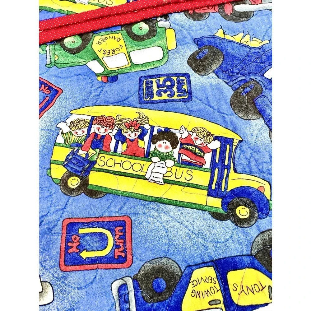 Vintage Quilted Baby Blanket Transportation School Bus Road‎ Signs 28x40 Blue